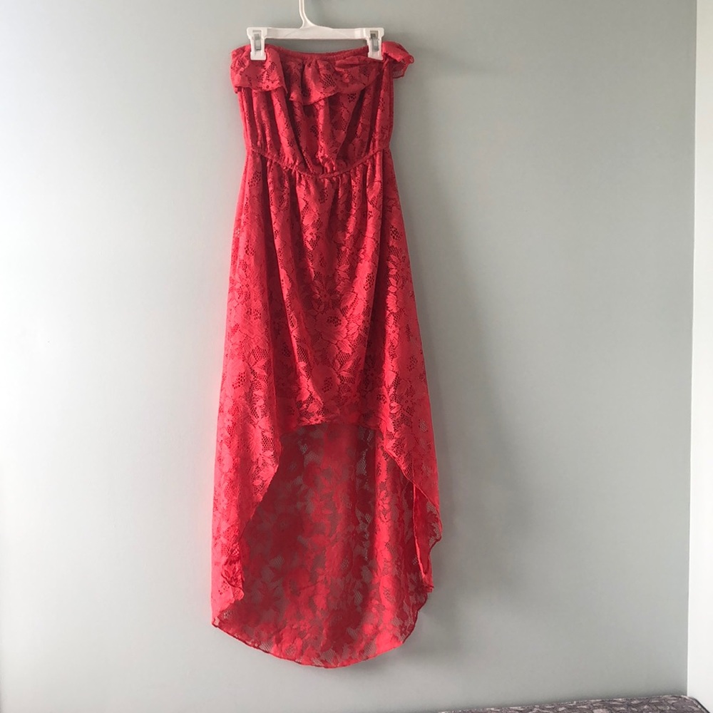 Coral lace high low dress